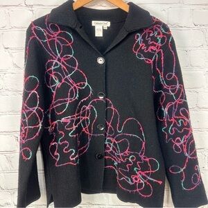 Coldwater Creek black cardigan sweater stretchy colorful pink Fuscia turquoise